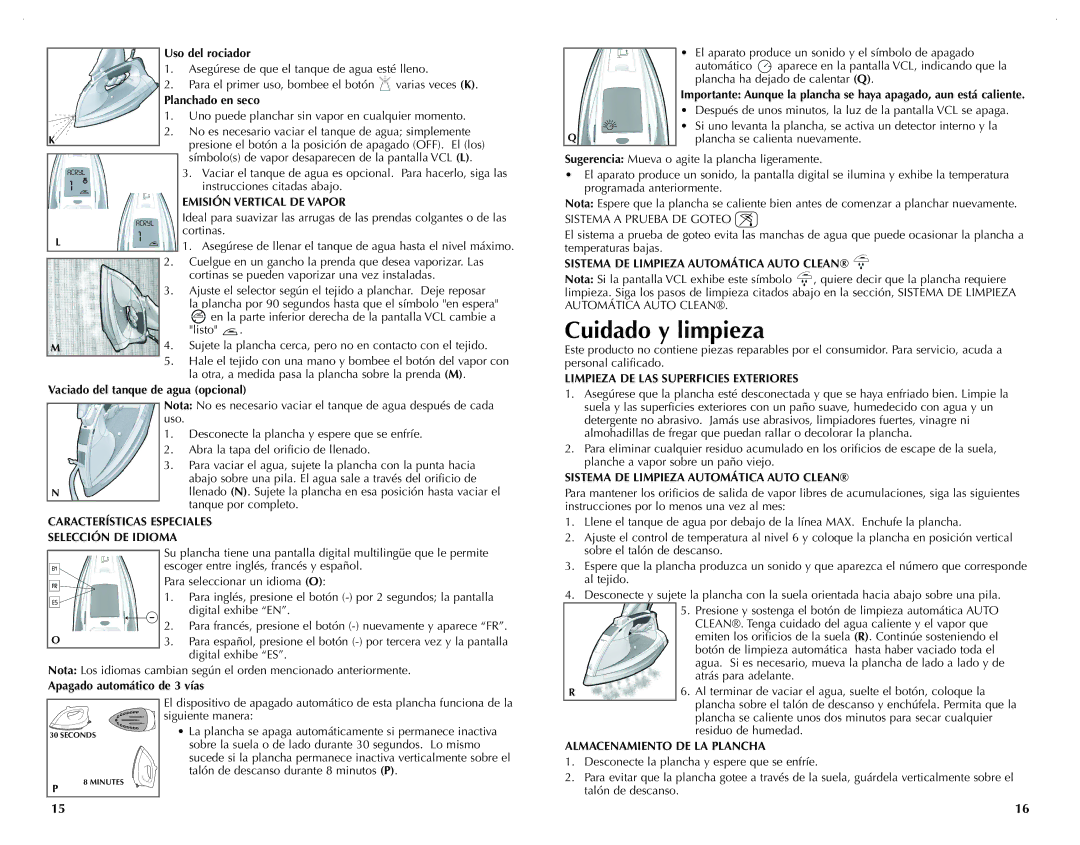 Black & Decker D6500C, D6000 Cuidado y limpieza, Emisión Vertical DE Vapor, Características Especiales Selección DE Idioma 