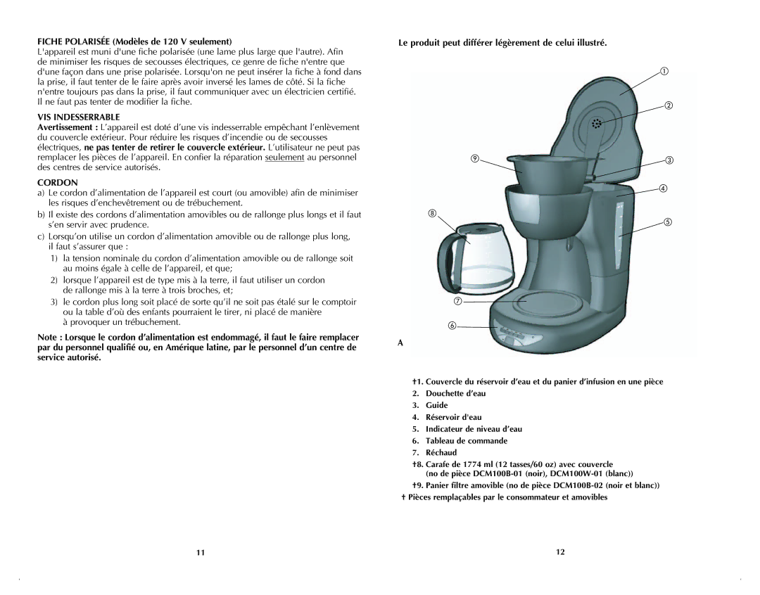 Black & Decker DCM100BC manual Fiche Polarisée Modèles de 120 V seulement, VIS Indesserrable, Cordon 