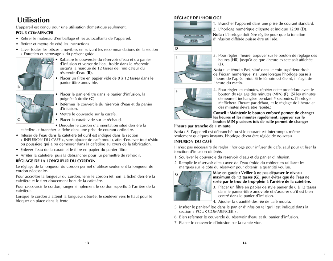 Black & Decker DCM100BC manual Utilisation, Réglage DE L’HORLOGE, Pour Commencer, Réglage DE LA Longueur DU Cordon 