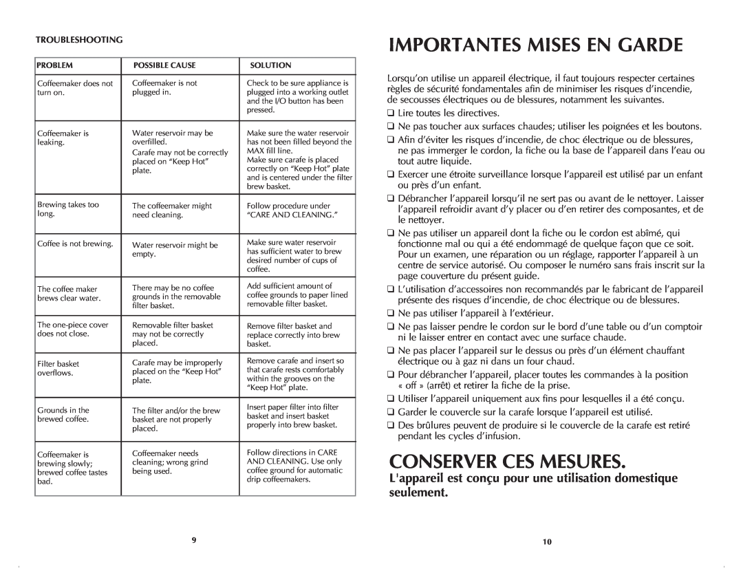 Black & Decker DCM100BC manual Importantes Mises En Garde, Conserver Ces Mesures 