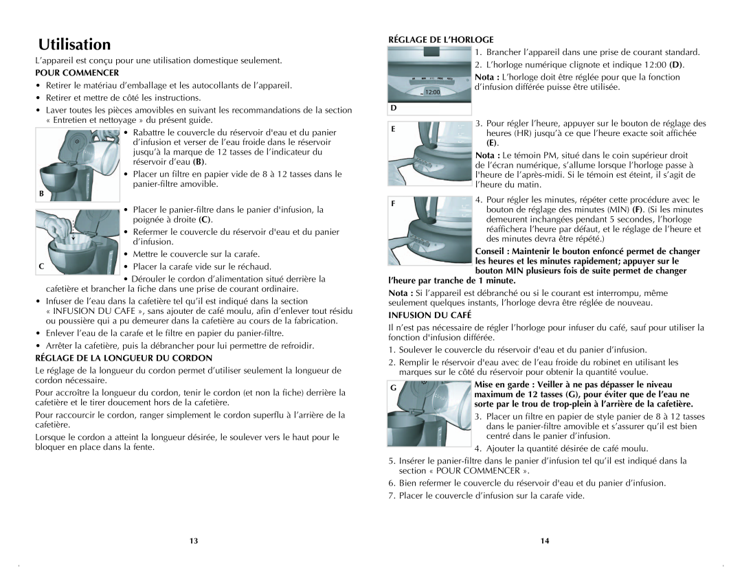 Black & Decker DCM100BC manual Utilisation, Réglage De L’Horloge, Pour Commencer, Placer la carafe vide sur le réchaud 