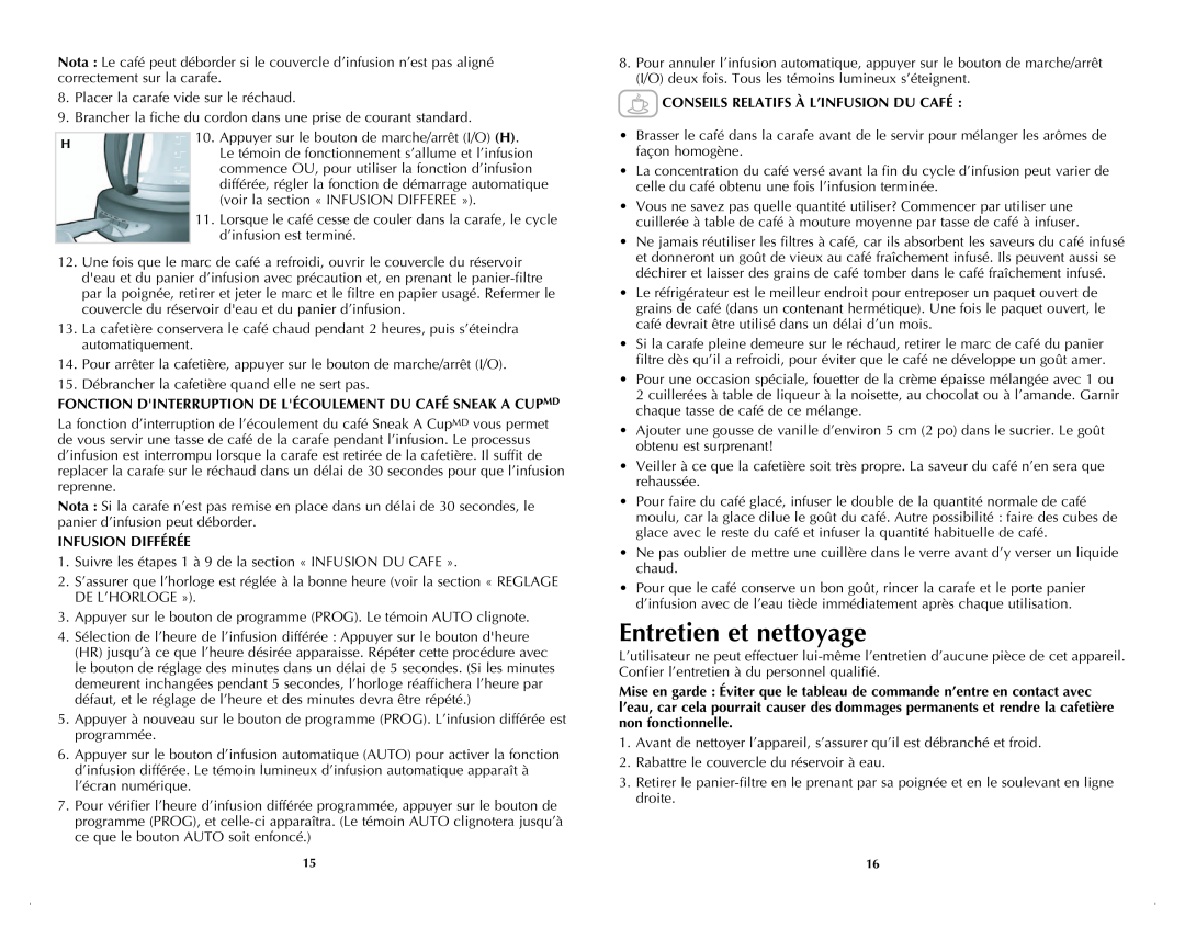 Black & Decker DCM100BC manual Entretien et nettoyage, Infusion Différée, Conseils Relatifs À L’Infusion Du Café 