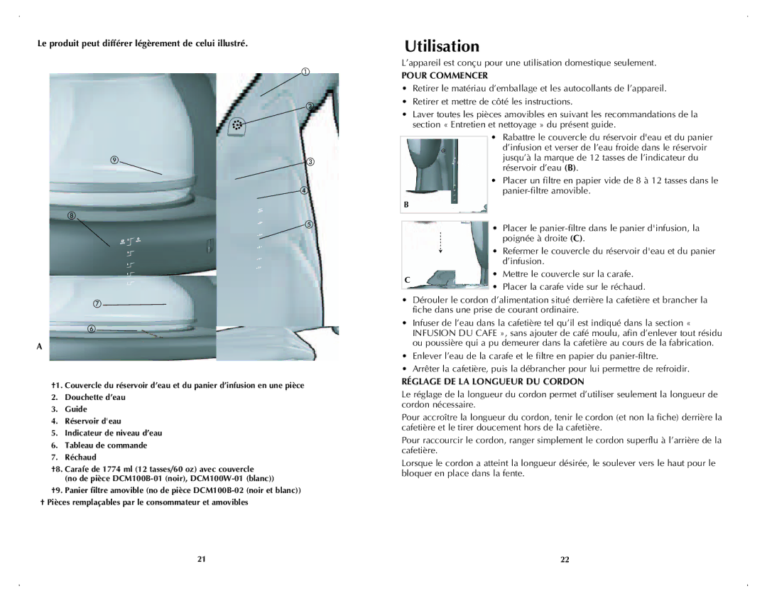 Black & Decker DCM100W manual Utilisation, Le produit peut différer légèrement de celui illustré, Pour Commencer 