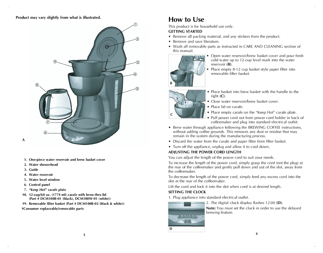 Black & Decker DCM100W How to Use, Product may vary slightly from what is illustrated, Getting Started, Setting the Clock 