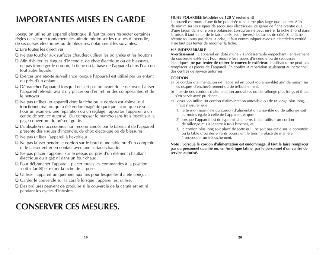 Black & Decker DCM100W manual Importantes Mises En Garde, Conserver Ces Mesures 