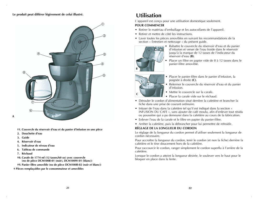 Black & Decker DCM100W manual Utilisation, Le produit peut différer légèrement de celui illustré, Pour Commencer 