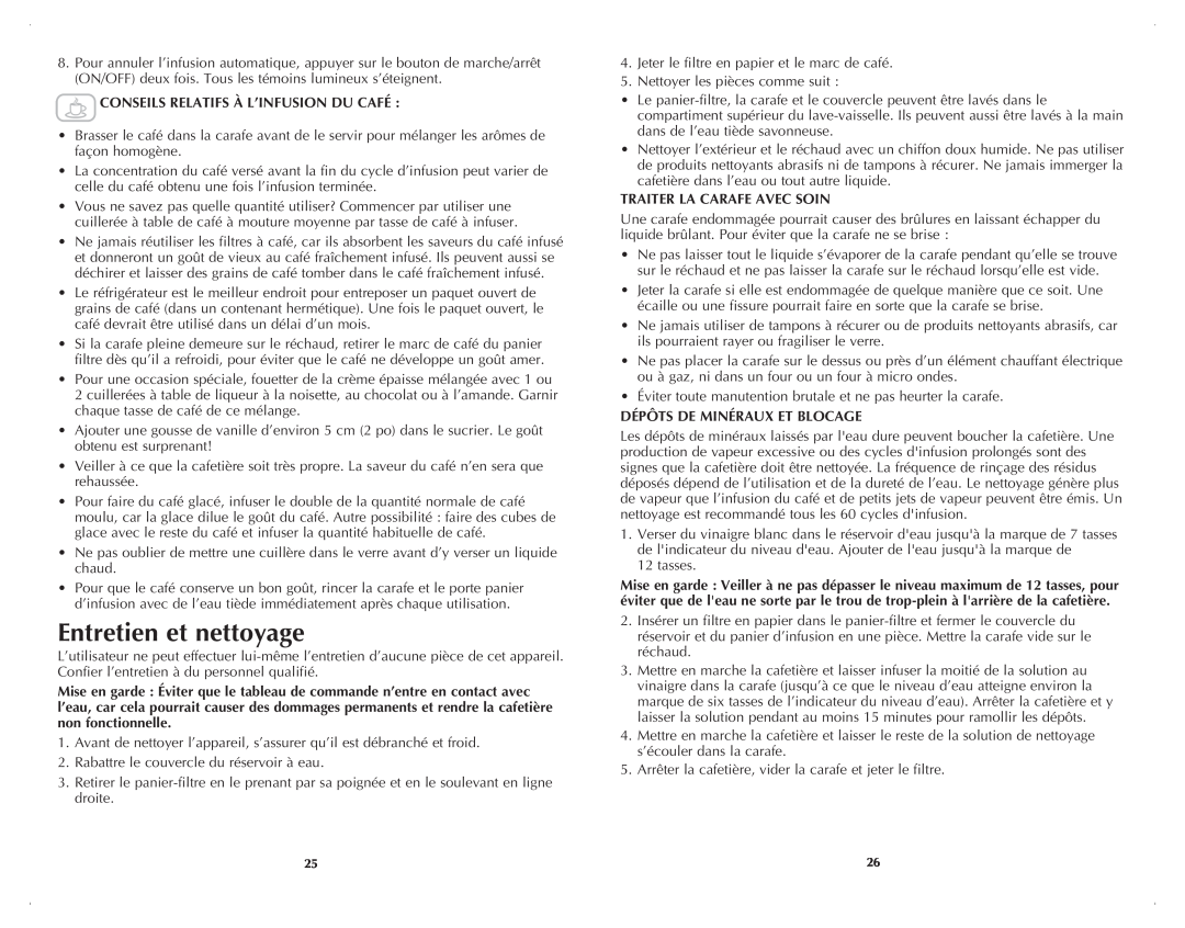Black & Decker DCM100W manual Entretien et nettoyage, Conseils Relatifs À L’Infusion Du Café, Traiter La Carafe Avec Soin 