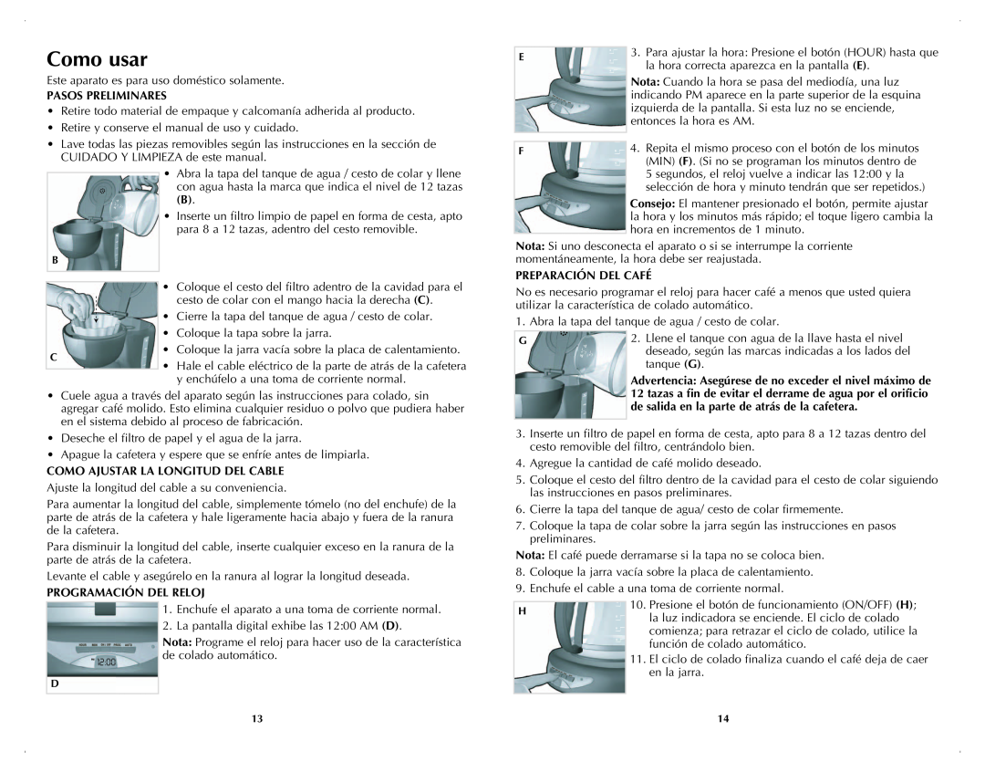 Black & Decker DCM100W manual Como usar, Pasos Preliminares, Preparación Del Café, Como Ajustar La Longitud Del Cable 