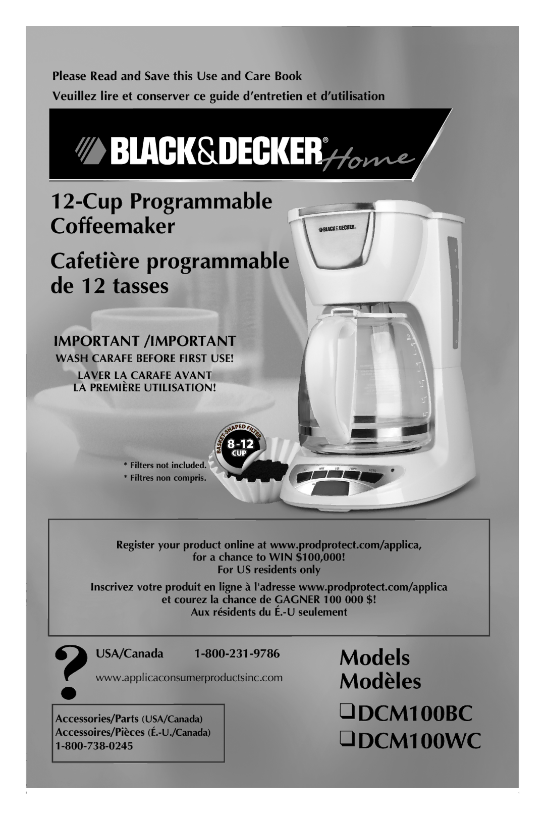 Black & Decker manual Models Modèles DCM100BC DCM100WC, USA/Canada 