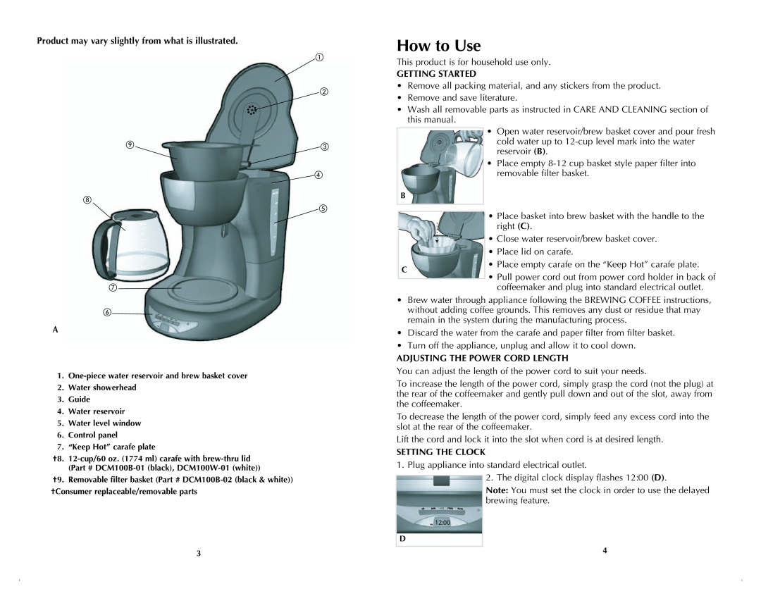 Black & Decker DCM100WC How to Use, Product may vary slightly from what is illustrated, Getting Started, Setting The Clock 