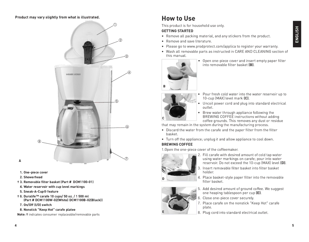 Black & Decker DCM1100B, DCM1100W manual How to Use, Getting Started, Brewing Coffee 