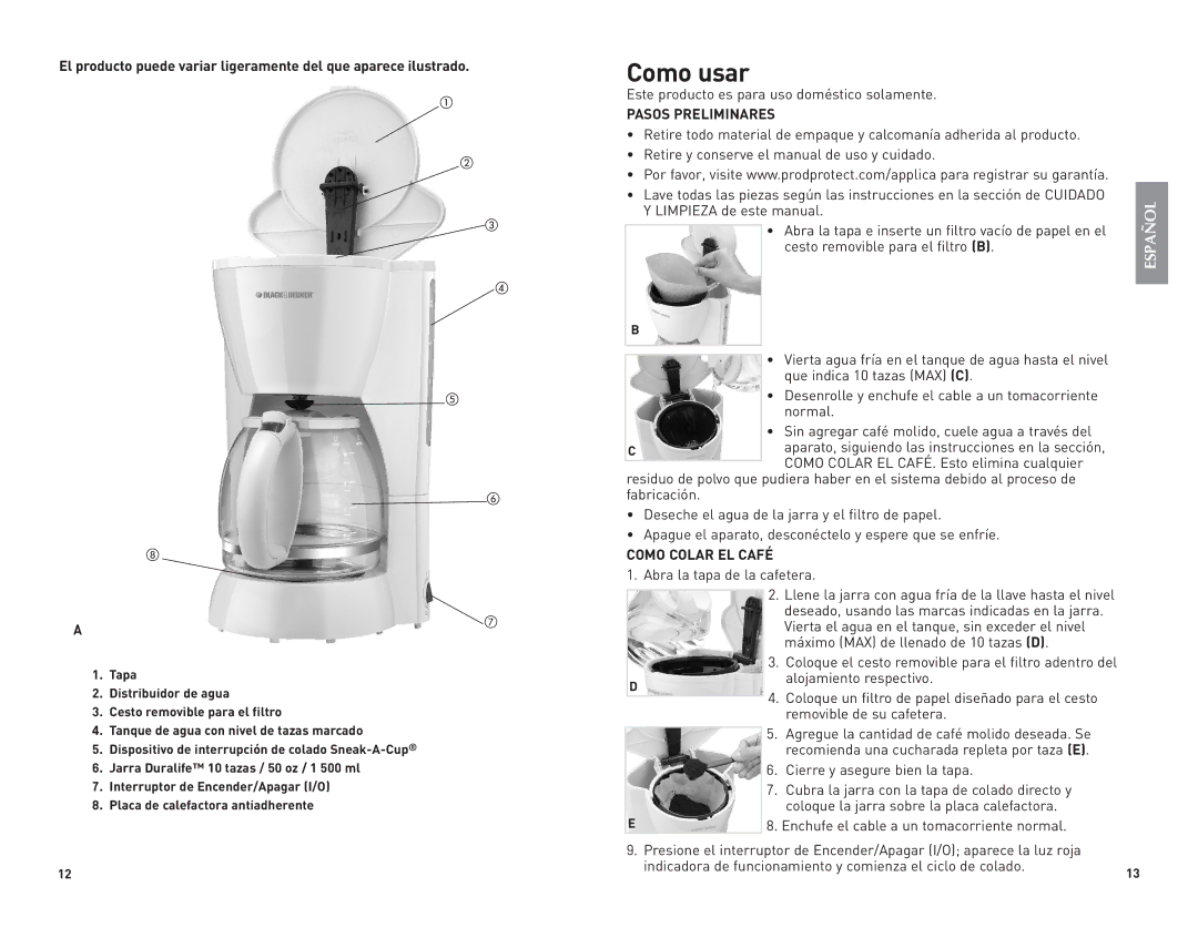 Black & Decker DCM1100B, DCM1100W manual Como usar, Pasos Preliminares, Como Colar EL Café 