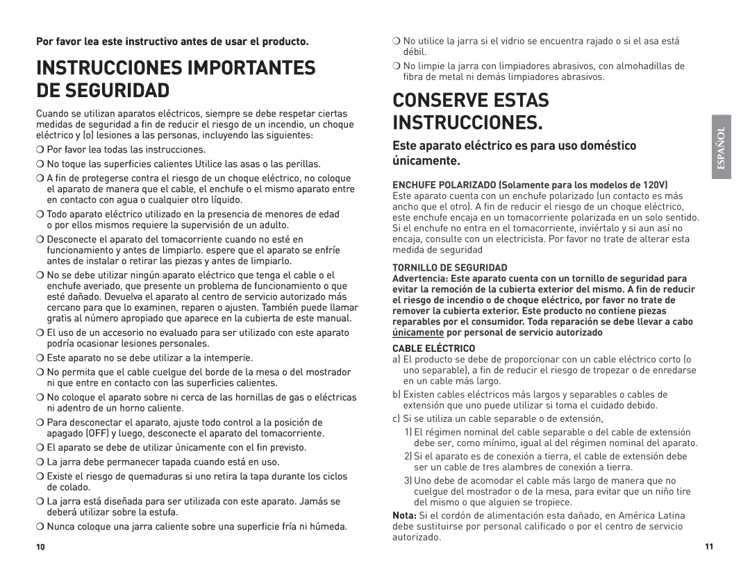 Black & Decker DCM1100W, DCM1100B manual Conserve Estas Instrucciones, Español, Instrucciones Importantes De Seguridad 