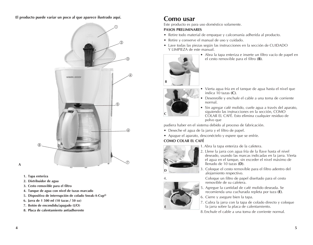 Black & Decker DCM111100W, DCM111100B manual Como usar, Pasos Preliminares, Como Colar EL Café 