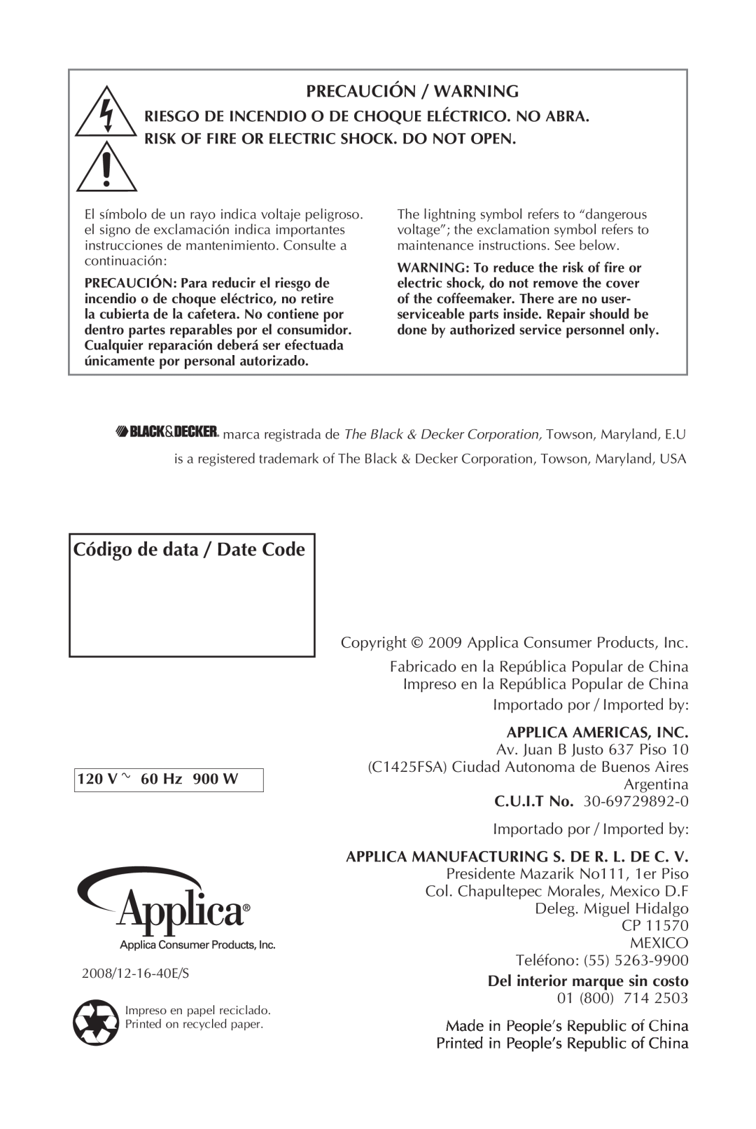 Black & Decker DCM111100W Código de data / Date Code, Precaución / Warning, Copyright 2009 Applica Consumer Products, Inc 
