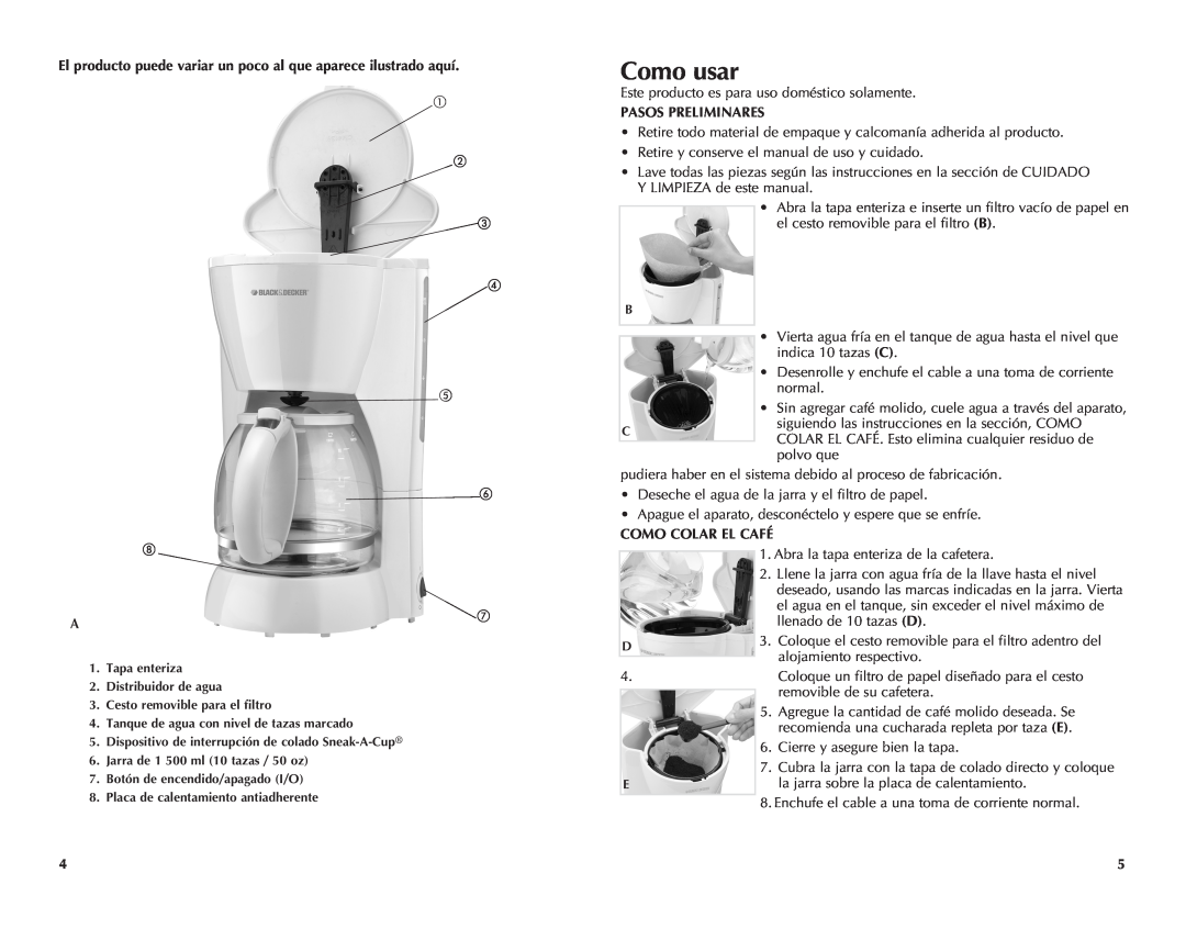 Black & Decker DCM111100W, DCM111100B manual Como usar, Pasos Preliminares, Como Colar El Café 