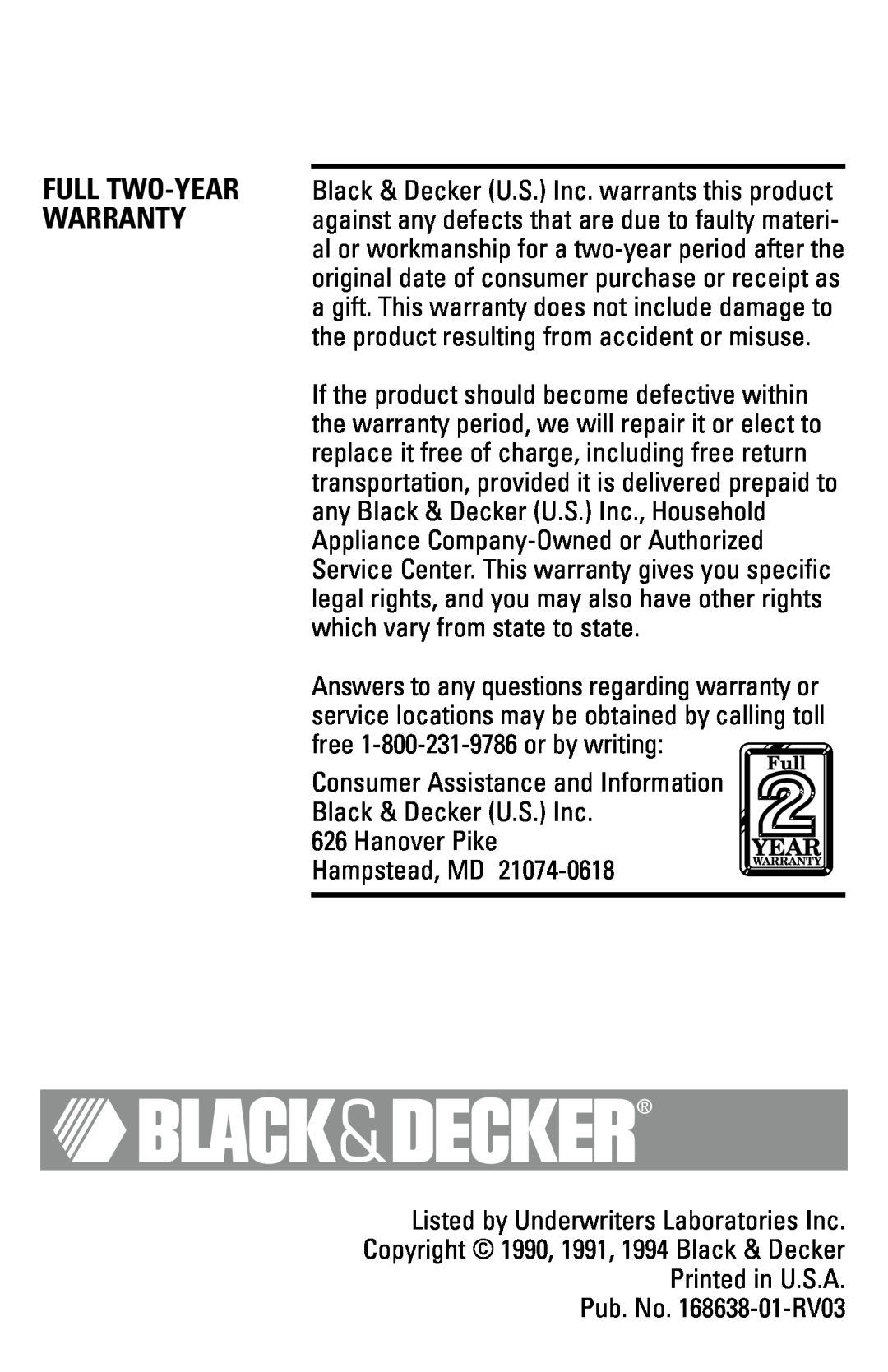 Black & Decker DCM12WH manual Consumer Assistance and Information, Black & Decker U.S. Inc 626 Hanover Pike, Hampstead, MD 