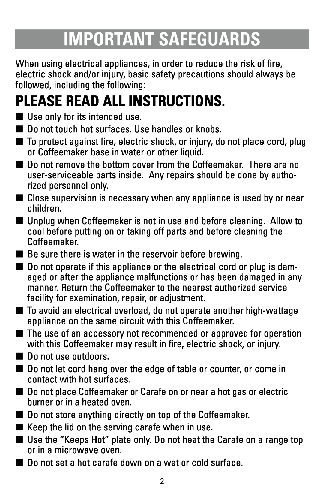 Black & Decker DCM12WH manual Important Safeguards, Please Read All Instructions 
