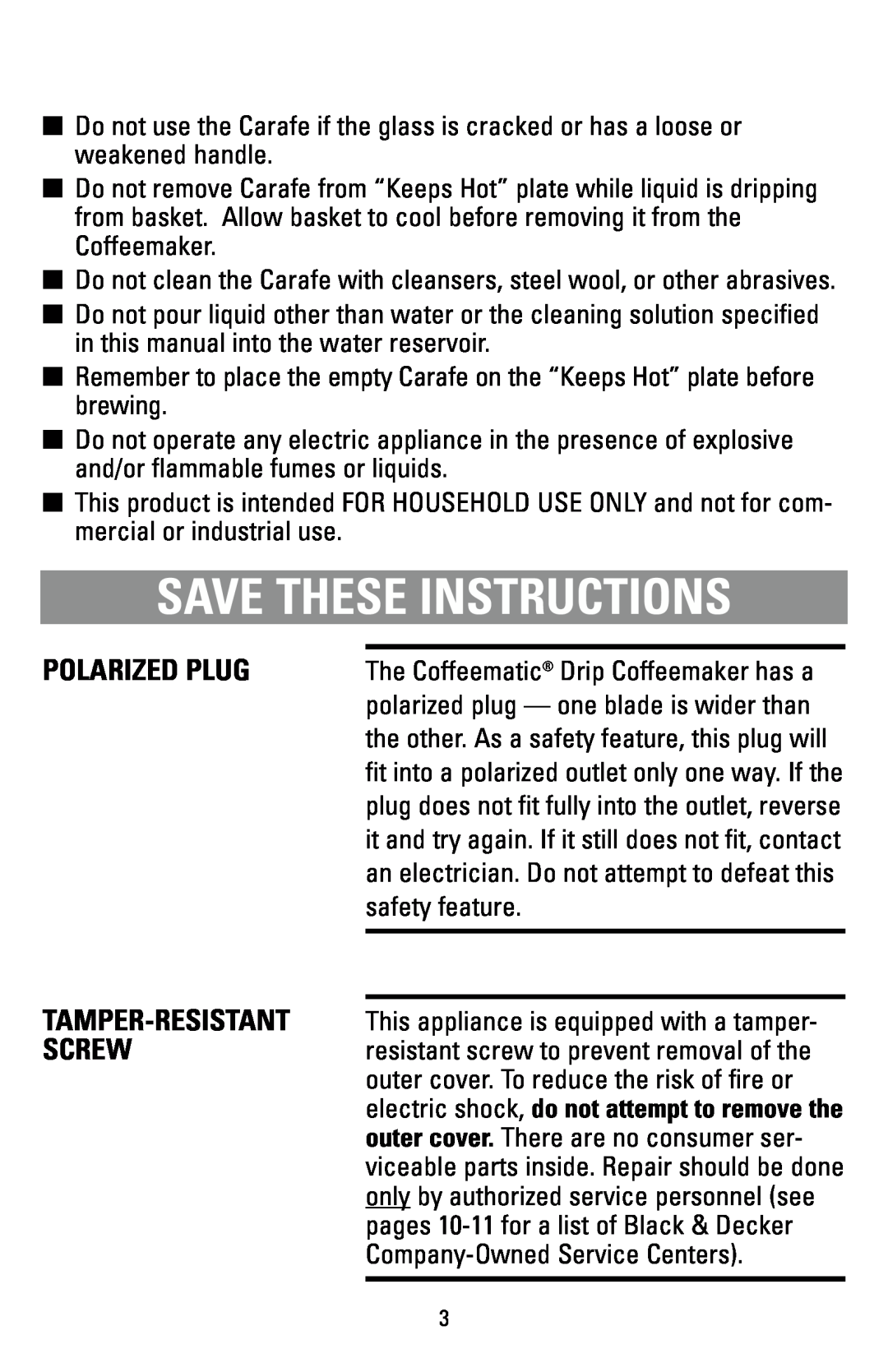 Black & Decker DCM12WH manual Save These Instructions, Polarized Plug 