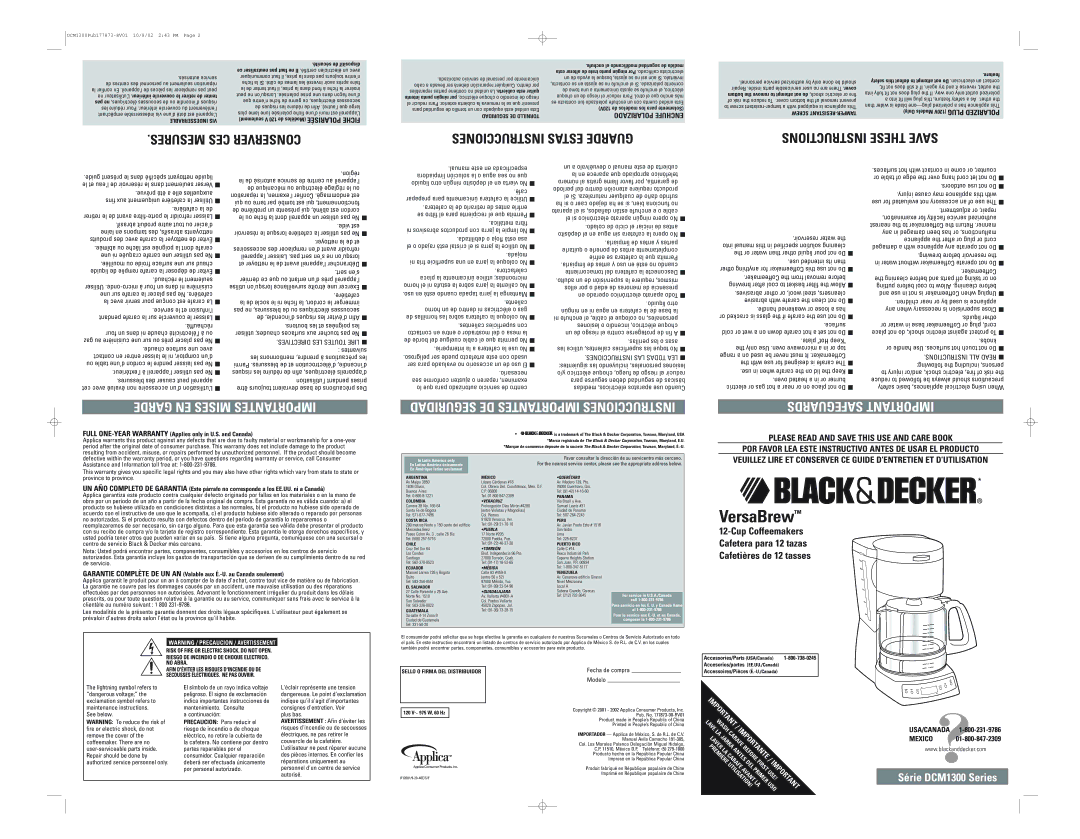 Black & Decker DCM1375, DCM1300B, DCM1350B manual Série DCM1300 Series, Indesserrable VIS, Sello O Firma DEL Distribuidor 