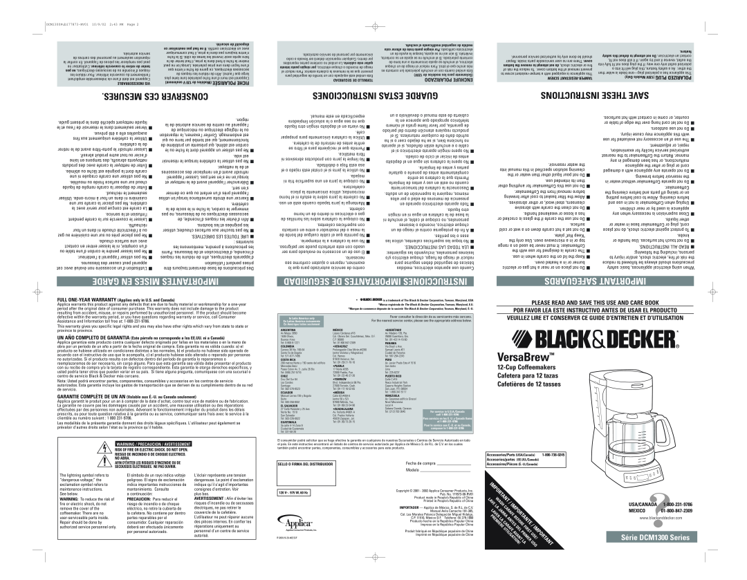Black & Decker DCM1375, DCM1300 manual VersaBrew, Mesures Ces Conserver, Instructions These Save, Instrucciones Estas Guarde 