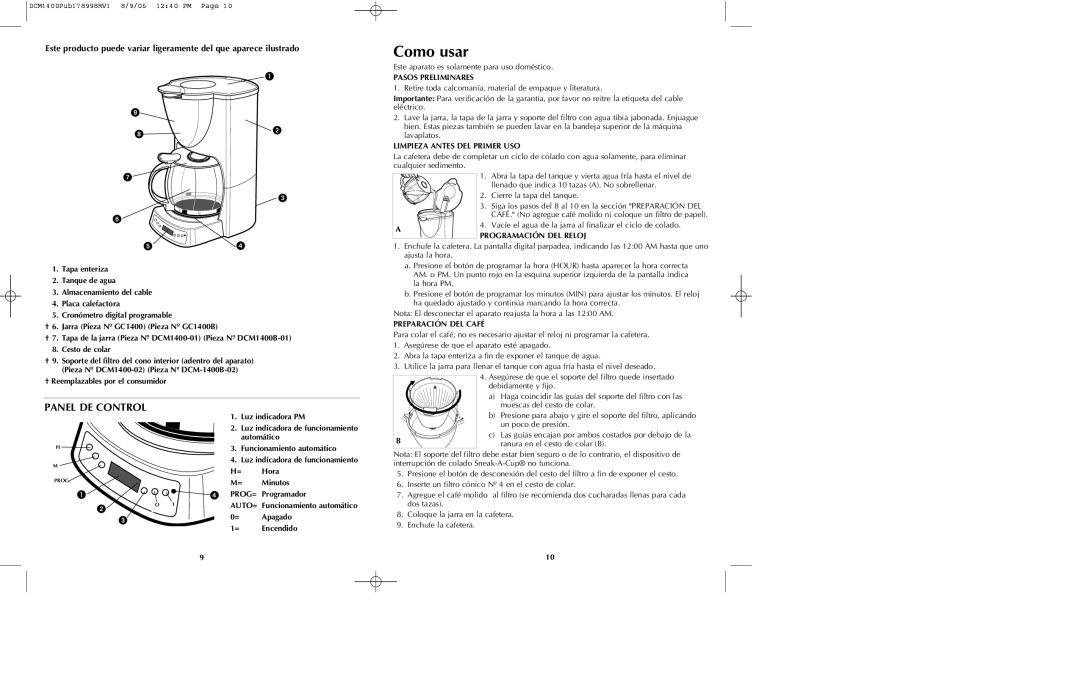 Black & Decker DCM1400B manual Como usar, Panel DE Control 