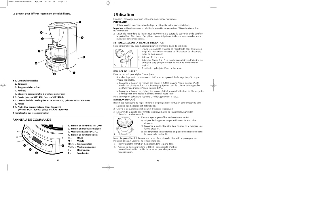 Black & Decker DCM1400B manual Utilisation, Panneau DE Commande, Le produit peut différer légèrement de celui illustré 