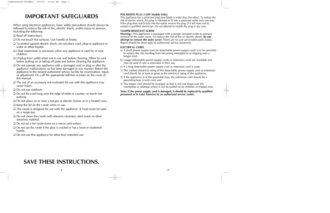 Black & Decker DCM1400B manual Important Safeguards, Save These Instructions 