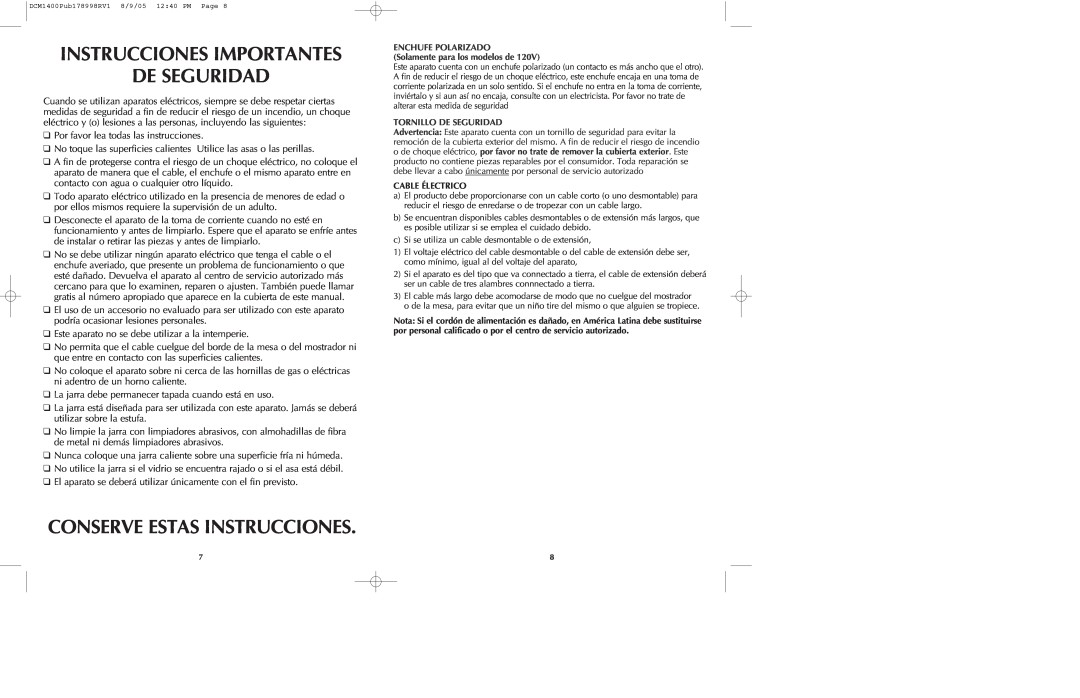 Black & Decker DCM1400B manual Instrucciones Importantes De Seguridad, Conserve Estas Instrucciones 
