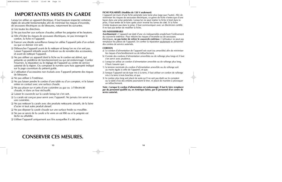 Black & Decker DCM1400B manual Importantes Mises En Garde, Conserver Ces Mesures 
