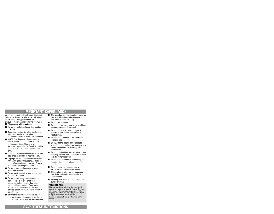 Black & Decker DCM18 Series user service Important Safeguards, Please read all instructions, Polarized Plug 