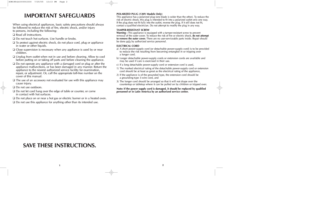Black & Decker DCM18 manual Important Safeguards, Save These Instructions 