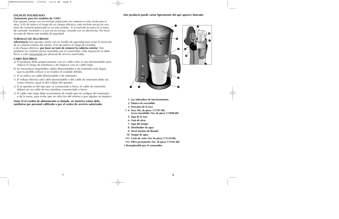 Black & Decker DCM18 manual ENCHUFE POLARIZADO Solamente para los modelos de, Tornillo De Seguridad, Cable Électrico 