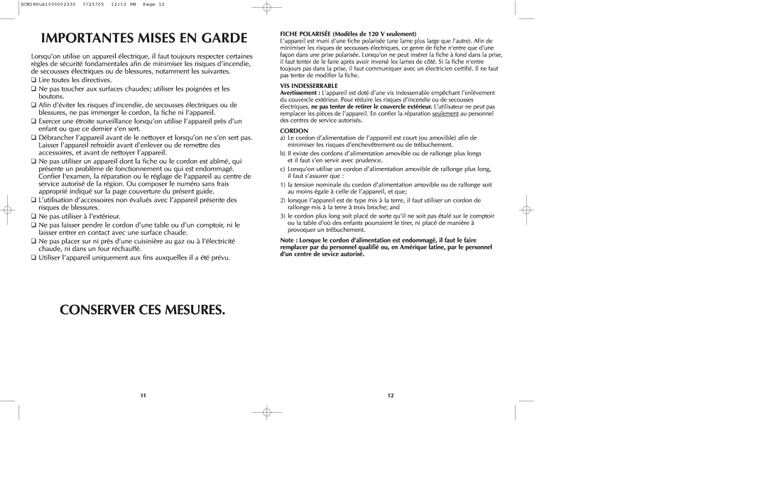 Black & Decker DCM18 manual Importantes Mises En Garde, Conserver Ces Mesures 