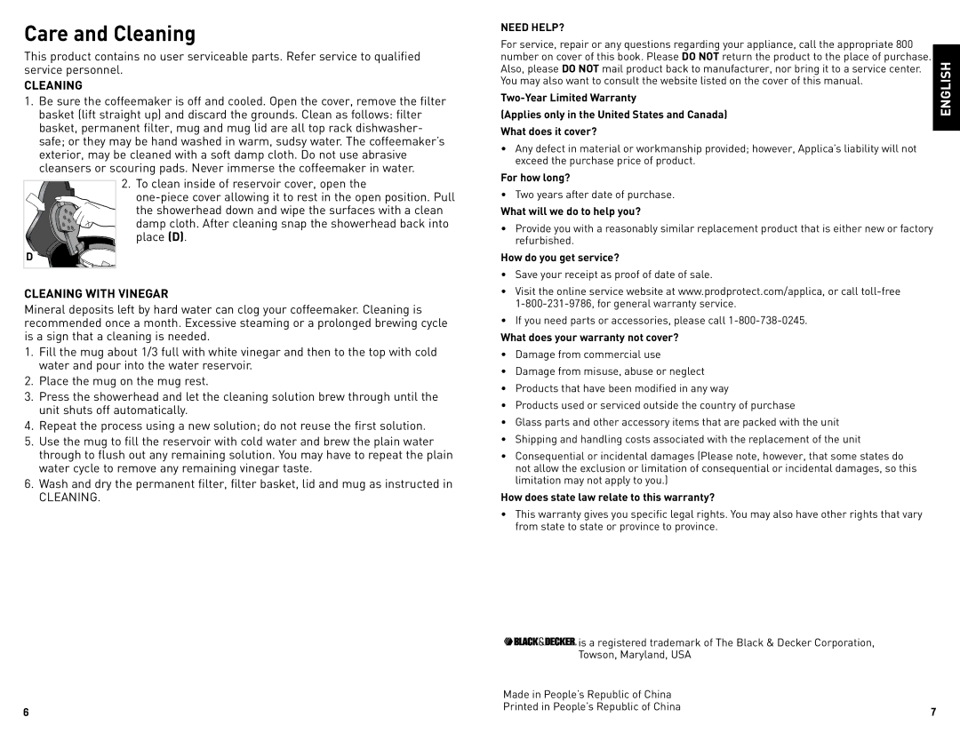 Black & Decker DCM18S manual Care and Cleaning, Cleaning with Vinegar, Need HELP? 