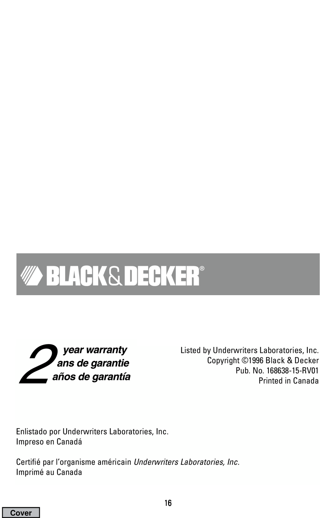 Black & Decker DCM19 manual Listed by Underwriters Laboratories, Inc, Copyright 1996 Black & Decker Pub. No. 168638-15-RV01 