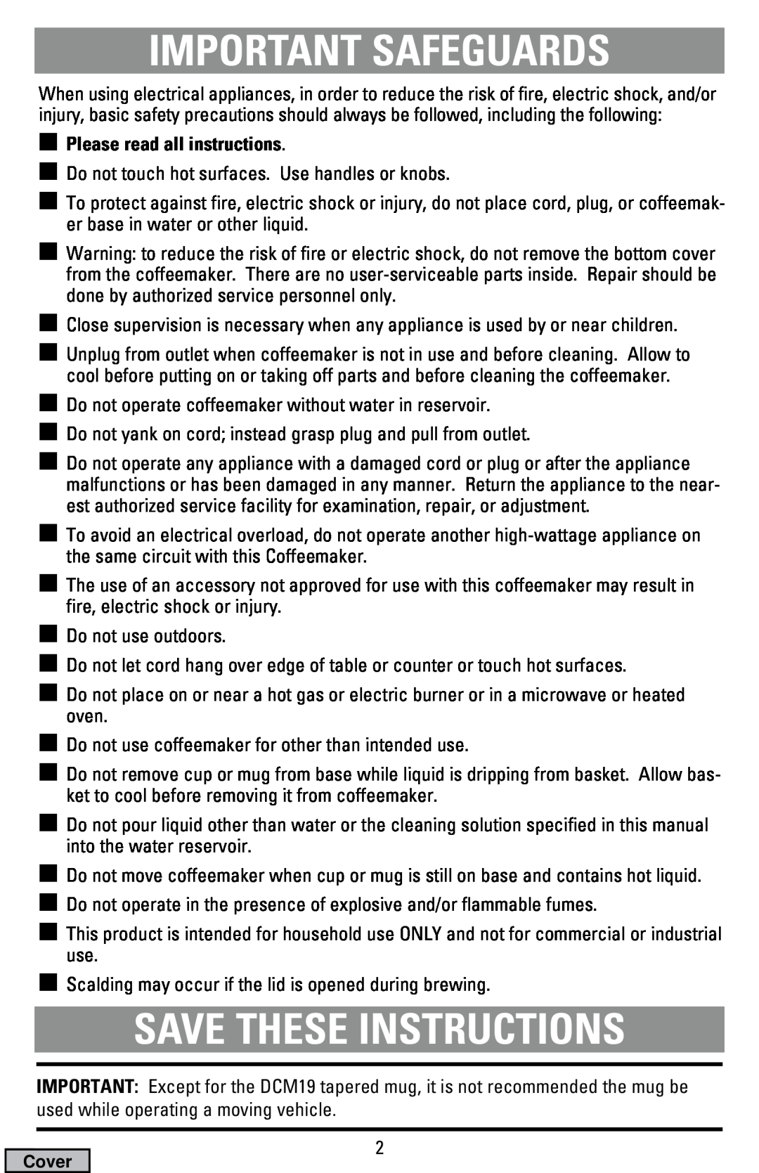 Black & Decker DCM19, DCM16 manual Important Safeguards, Save These Instructions, Please read all instructions 