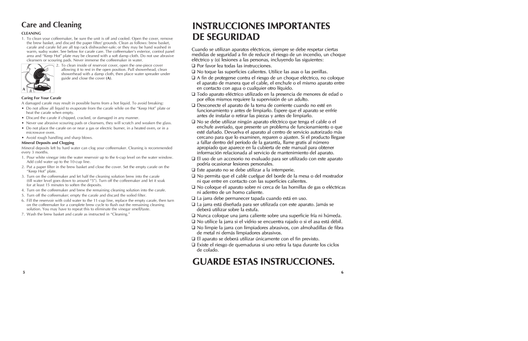 Black & Decker DCM2000W manual Guarde Estas Instrucciones, Care and Cleaning, Instrucciones Importantes De Seguridad 