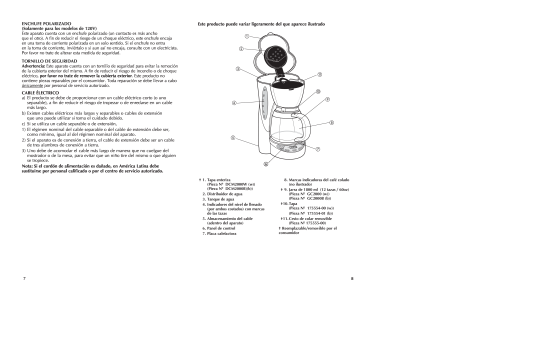Black & Decker DCM2000W manual ENCHUFE POLARIZADO Solamente para los modelos de, Tornillo De Seguridad, Cable Électrico 