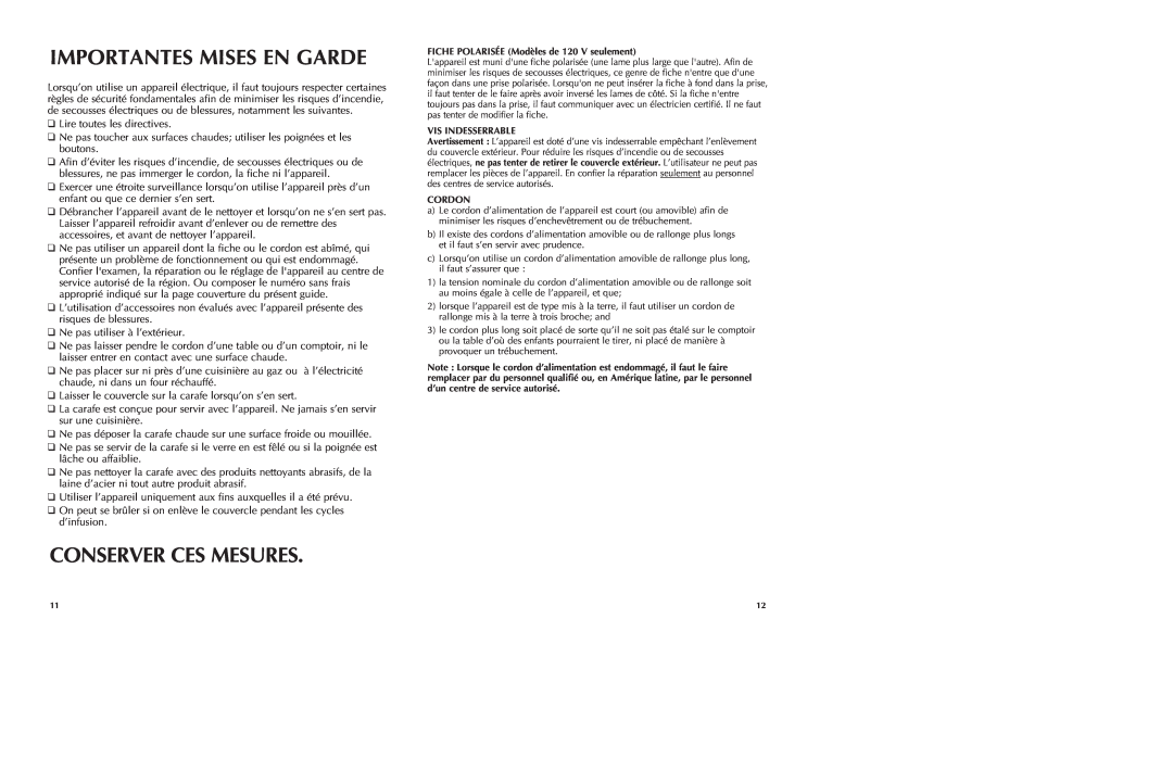 Black & Decker DCM2000W manual Importantes Mises En Garde, Conserver Ces Mesures 
