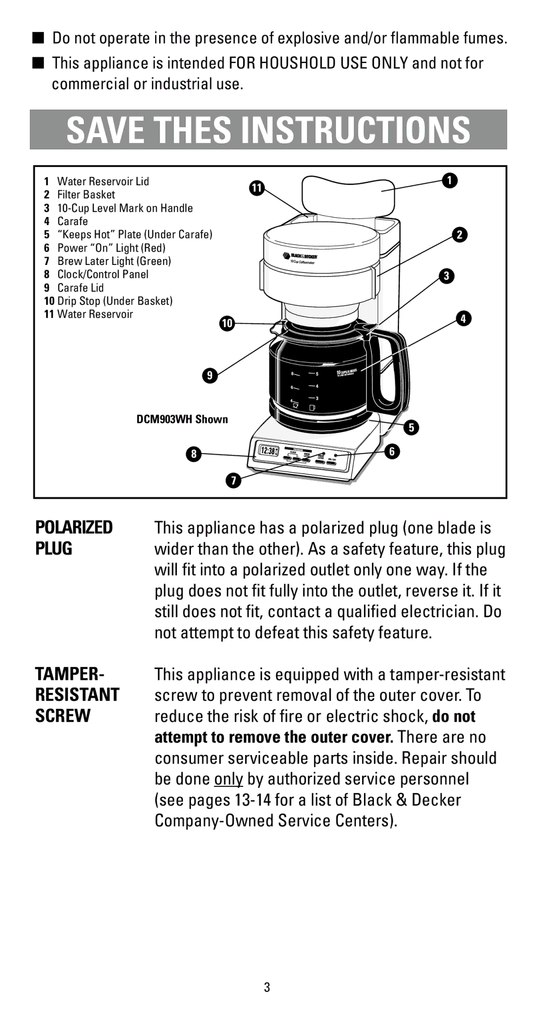 Black & Decker DCM900BK, DCM200C manual Save Thes Instructions, Polarized This appliance has a polarized plug one blade is 