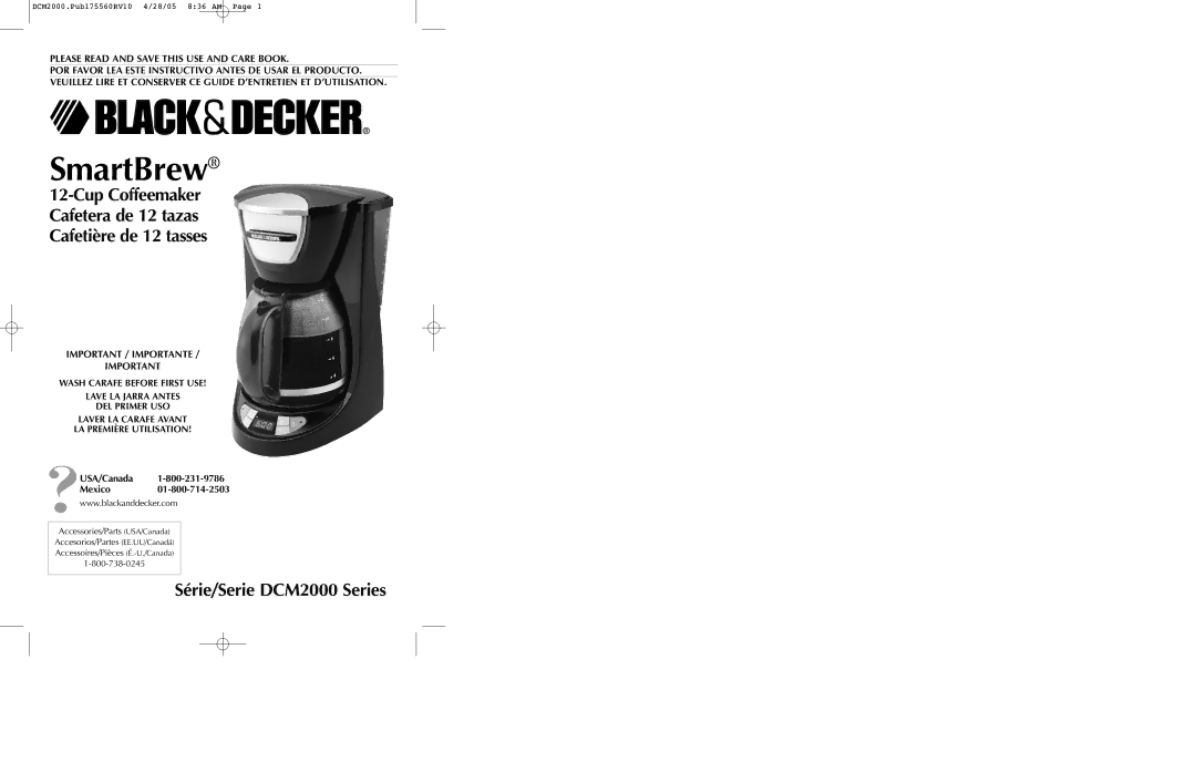 Black & Decker DCM2000B manual Série/Serie DCM2000 Series, Please Read and Save this USE and Care Book, USA/Canada Mexico 