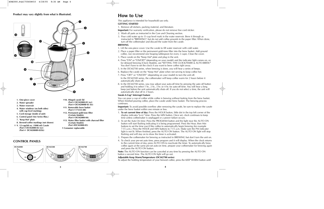 Black & Decker DCM2075, DCM2050 How to Use, Product may vary slightly from what is illustrated, Getting Started, Brewing 