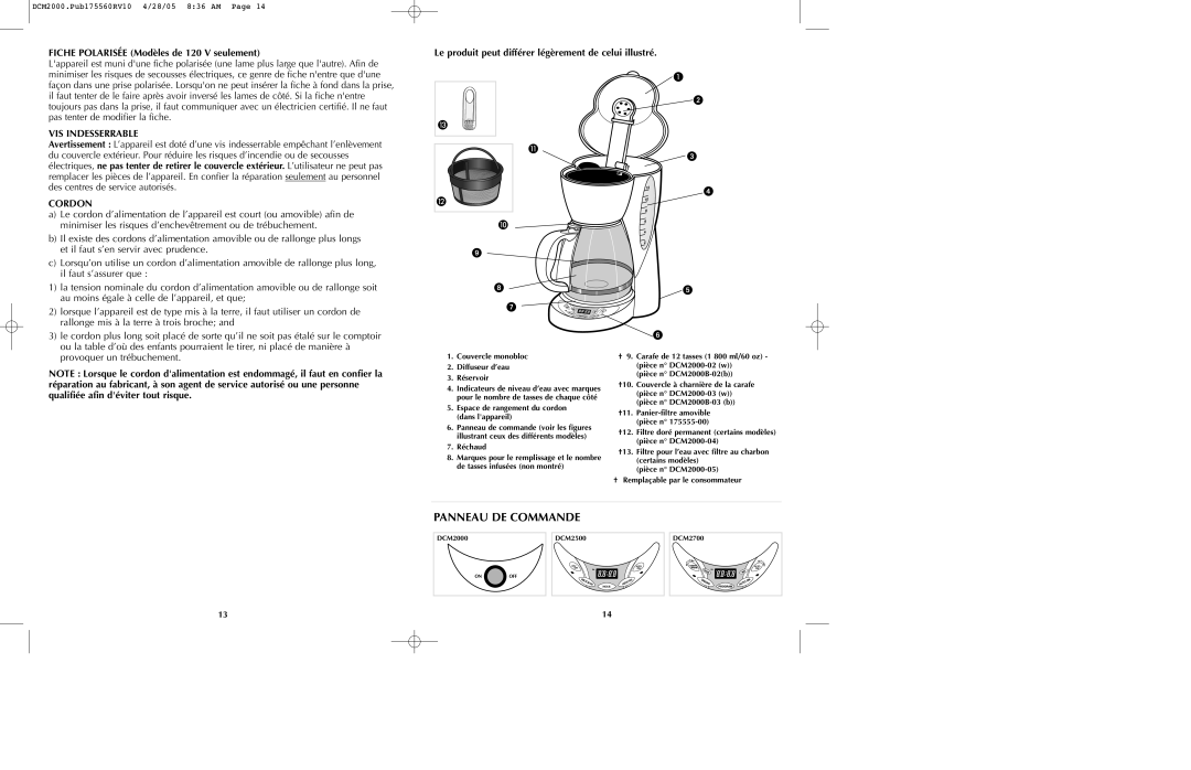 Black & Decker DCM2050, DCM2000B, DCM2075 manual Fiche Polarisée Modèles de 120 V seulement, VIS Indesserrable, Cordon 