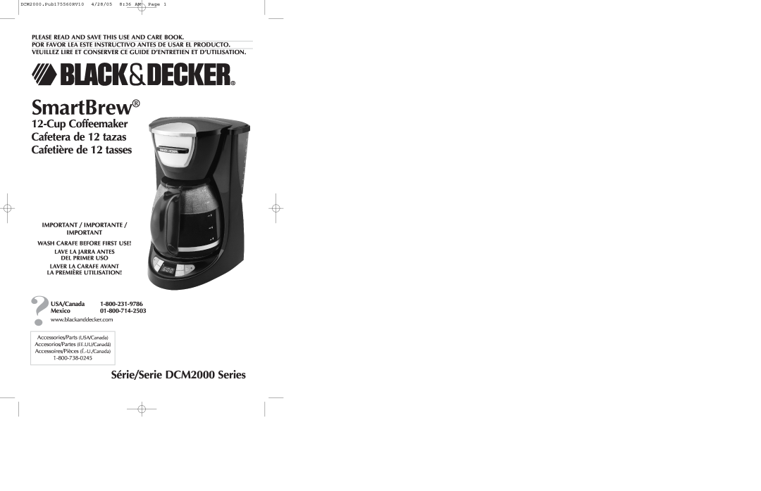 Black & Decker DCM2000B, DCM2050 manual Série/Serie DCM2000 Series, SmartBrew, DCM2000.Pub175560RV10 4/28/05 8 36 AM Page 