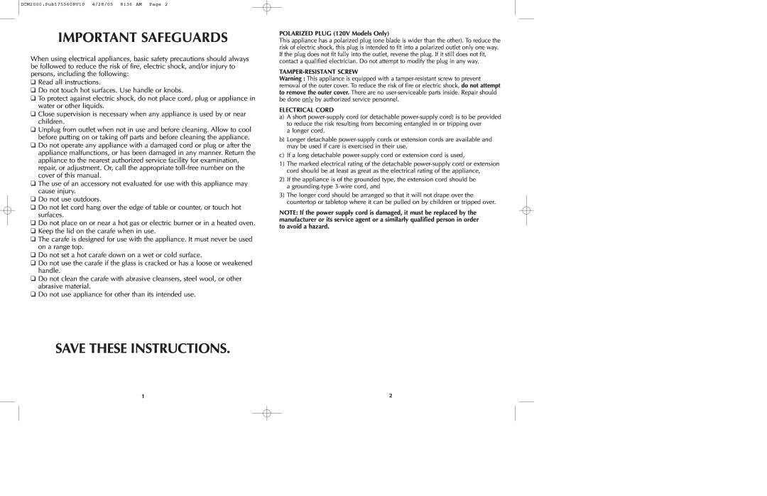 Black & Decker DCM2050, DCM2000B, DCM2075 manual Important Safeguards, Save These Instructions 
