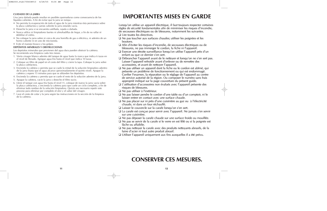 Black & Decker DCM2075, DCM2050, DCM2000B manual Importantes Mises En Garde, Conserver Ces Mesures 