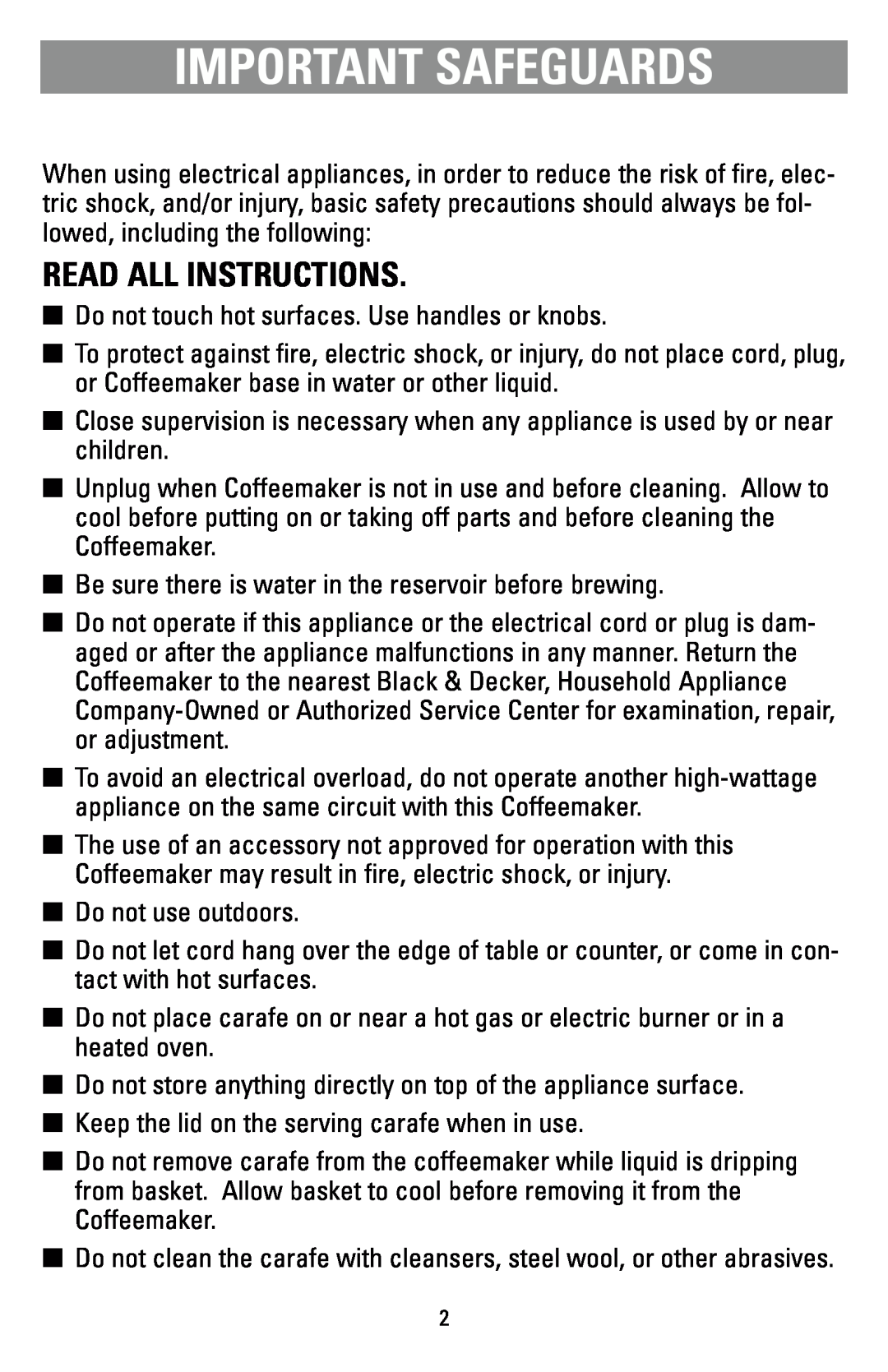 Black & Decker DCM20WH manual Important Safeguards, Read All Instructions 