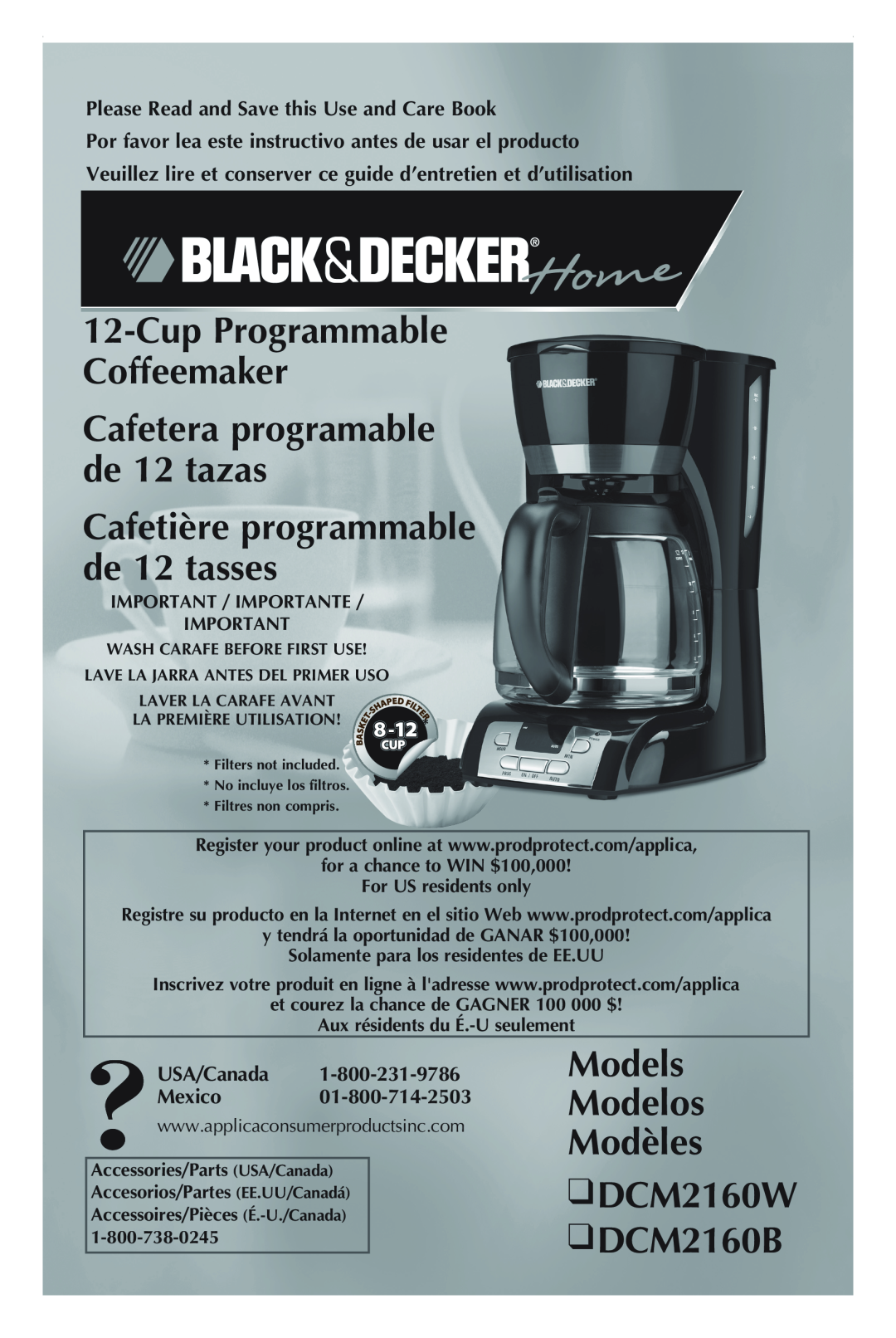 Black & Decker manual Models Modelos Modèles DCM2160W DCM2160B, CupProgrammable Coffeemaker, USA/Canada Mexico 