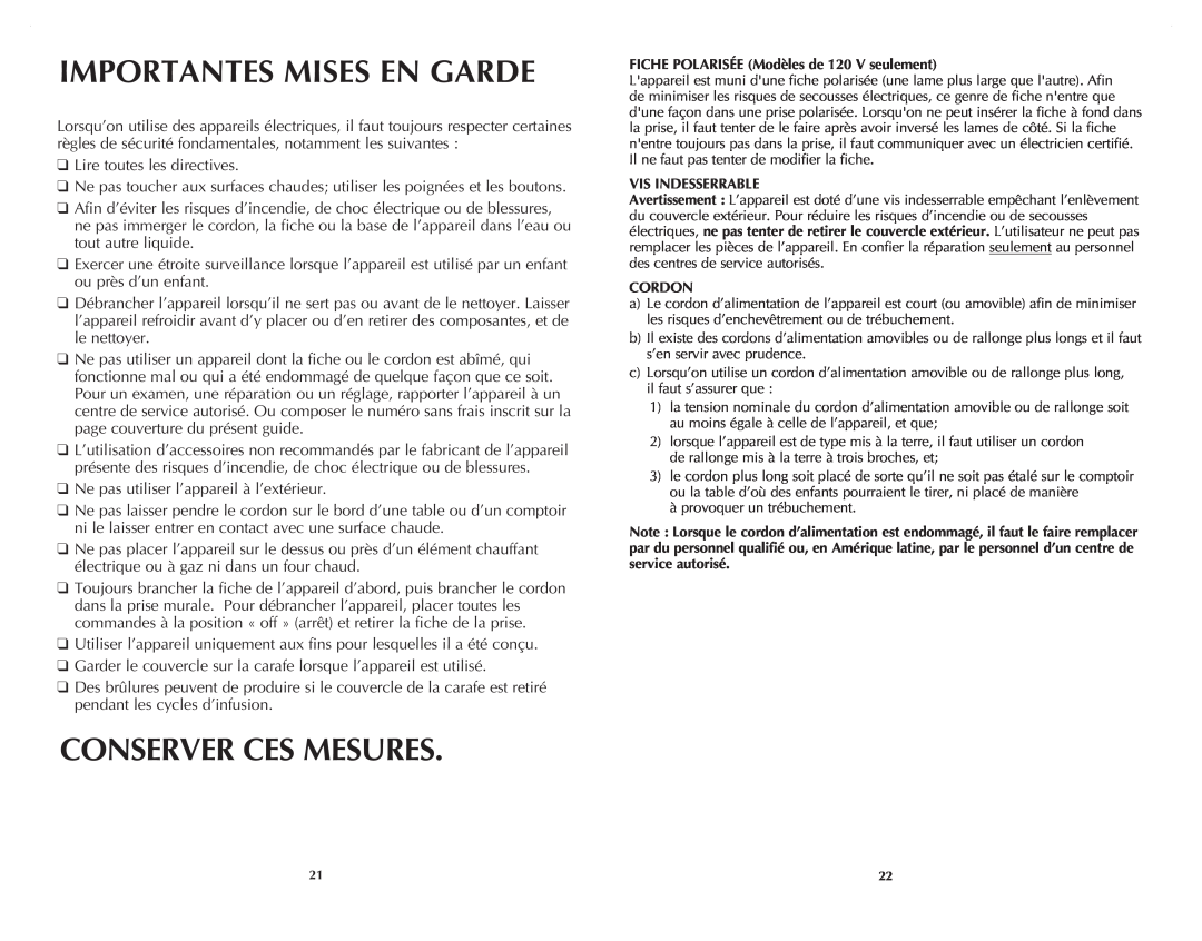 Black & Decker DCM2160W manual Importantes Mises En Garde, Conserver Ces Mesures 